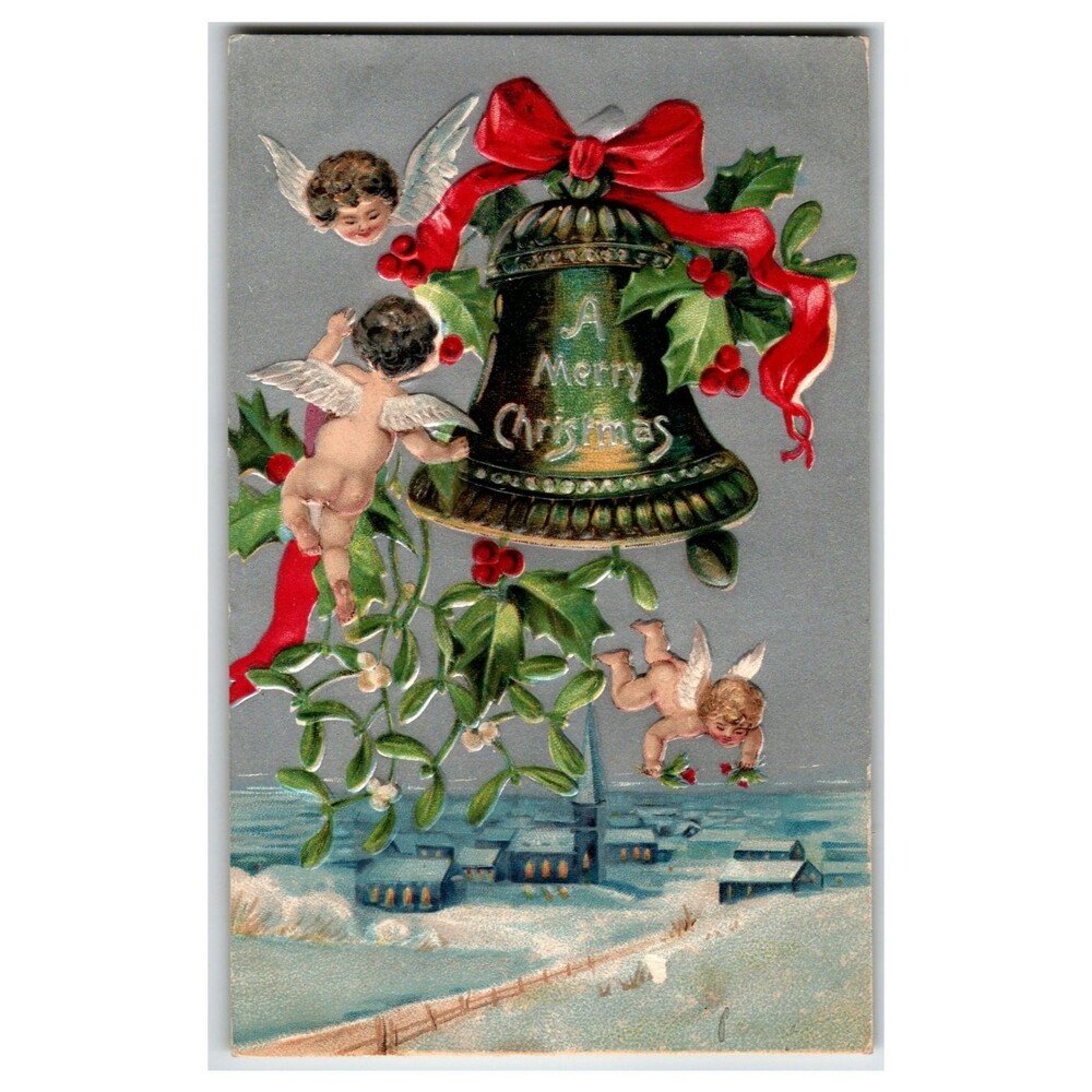 1901 Embossed Christmas Postcard Cherubs Bell Holly Snowy Village Scene
